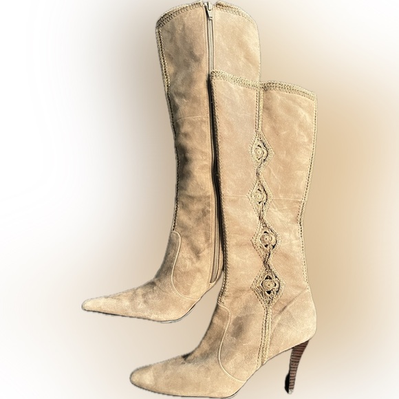 Carlos Santana “Tempest” taupe suede crochet knee-high stiletto